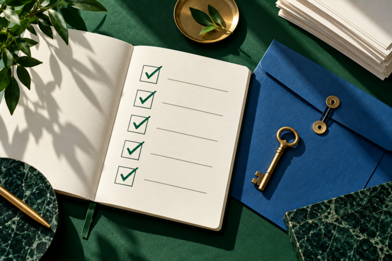 Conceptual illustration of an onboarding checklist, document envelope and access key.