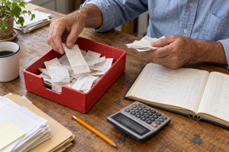 Photorealistic illustration of a man sorting receipts beside a ledger and calculator.
