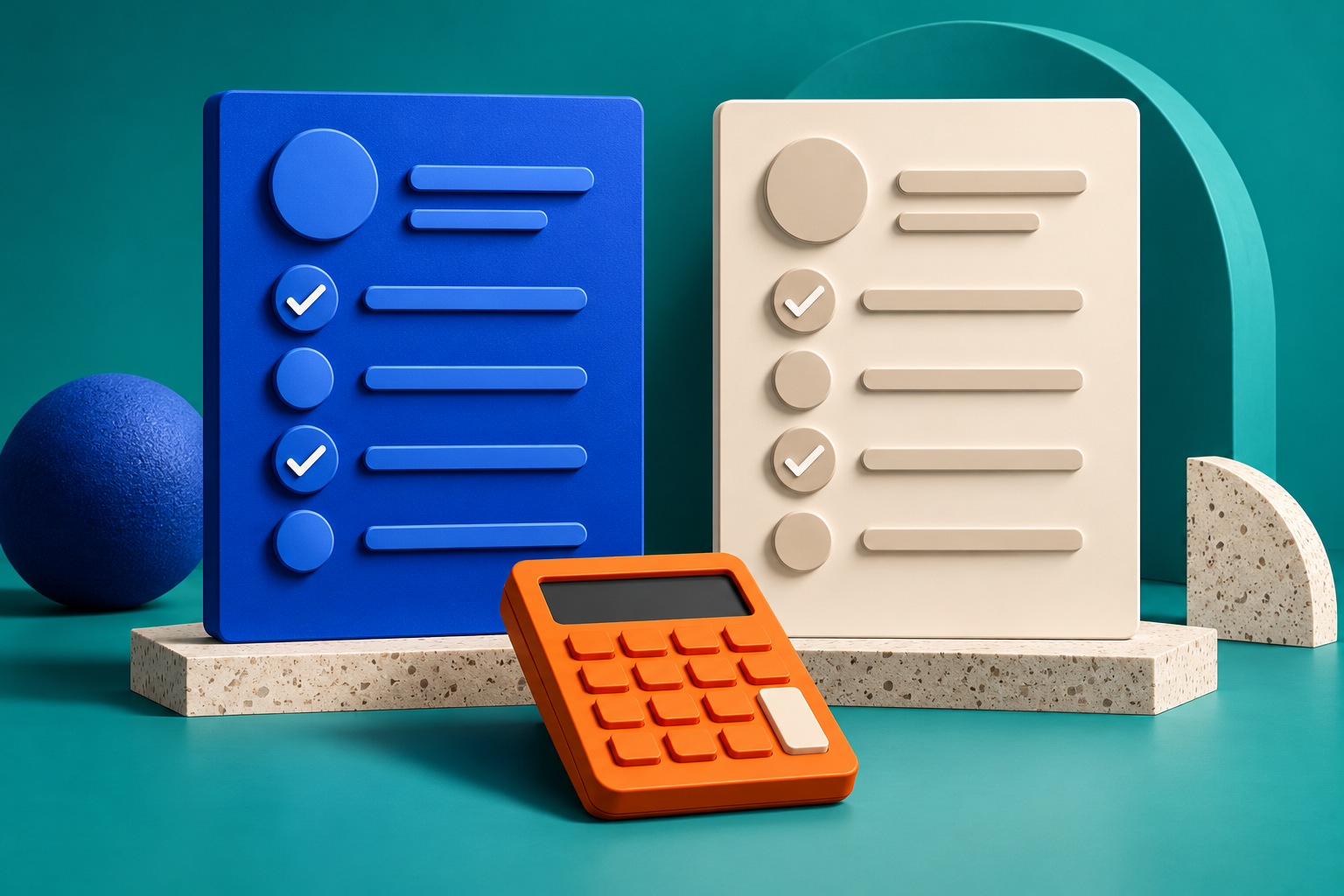 Conceptual illustration of two proposal cards and a calculator for comparing bookkeeping scope.