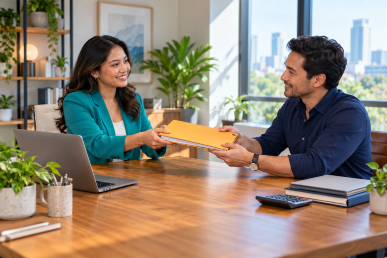 Illustration of a bookkeeper and business owner handing over an organized folder beside a laptop.