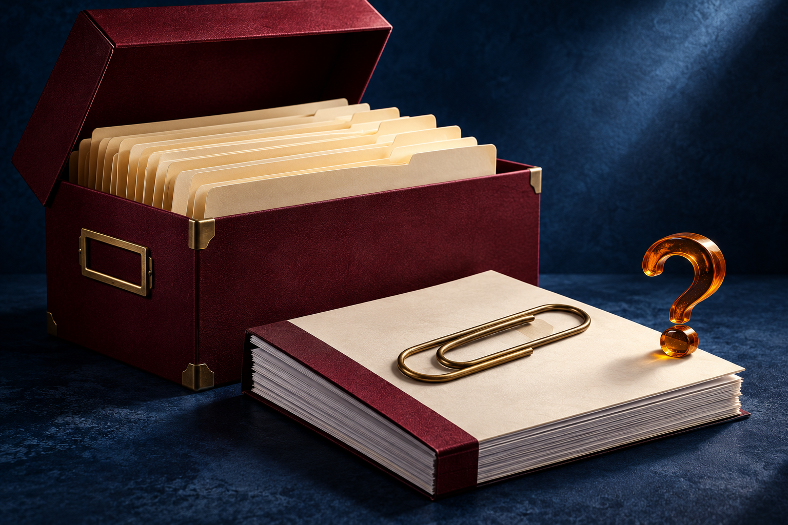 Conceptual illustration of a year-end records box, report and unresolved-question marker.