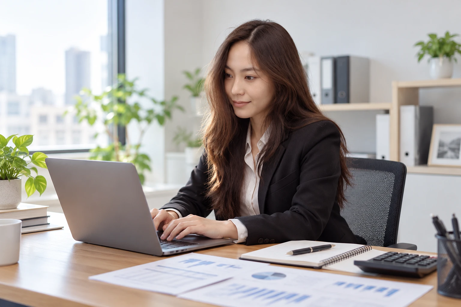 Filipina professional working on a laptop at a bookkeeping workstation with financial reports and a calculator.