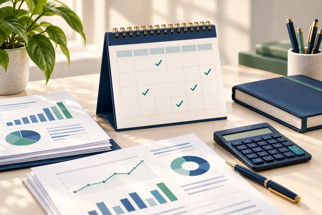 Calendar with checkmarks, financial reports, a calculator and a ledger representing monthly bookkeeping deliverables.