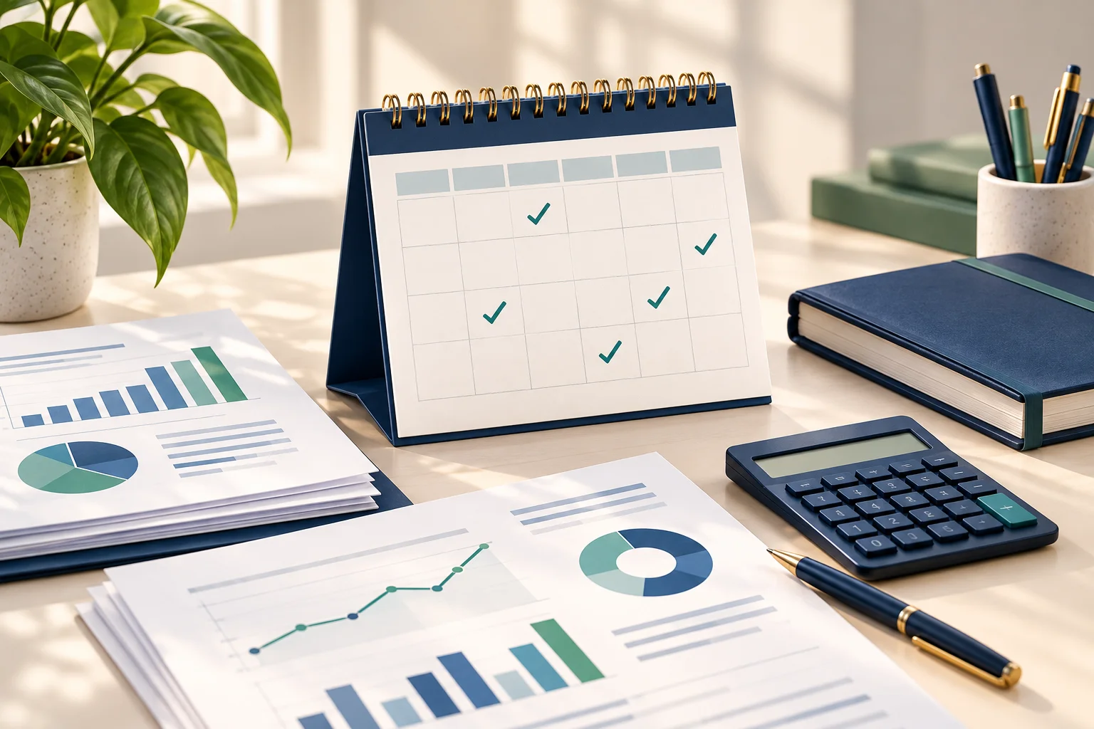 Calendar with checkmarks, financial reports, a calculator and a ledger representing monthly bookkeeping deliverables.